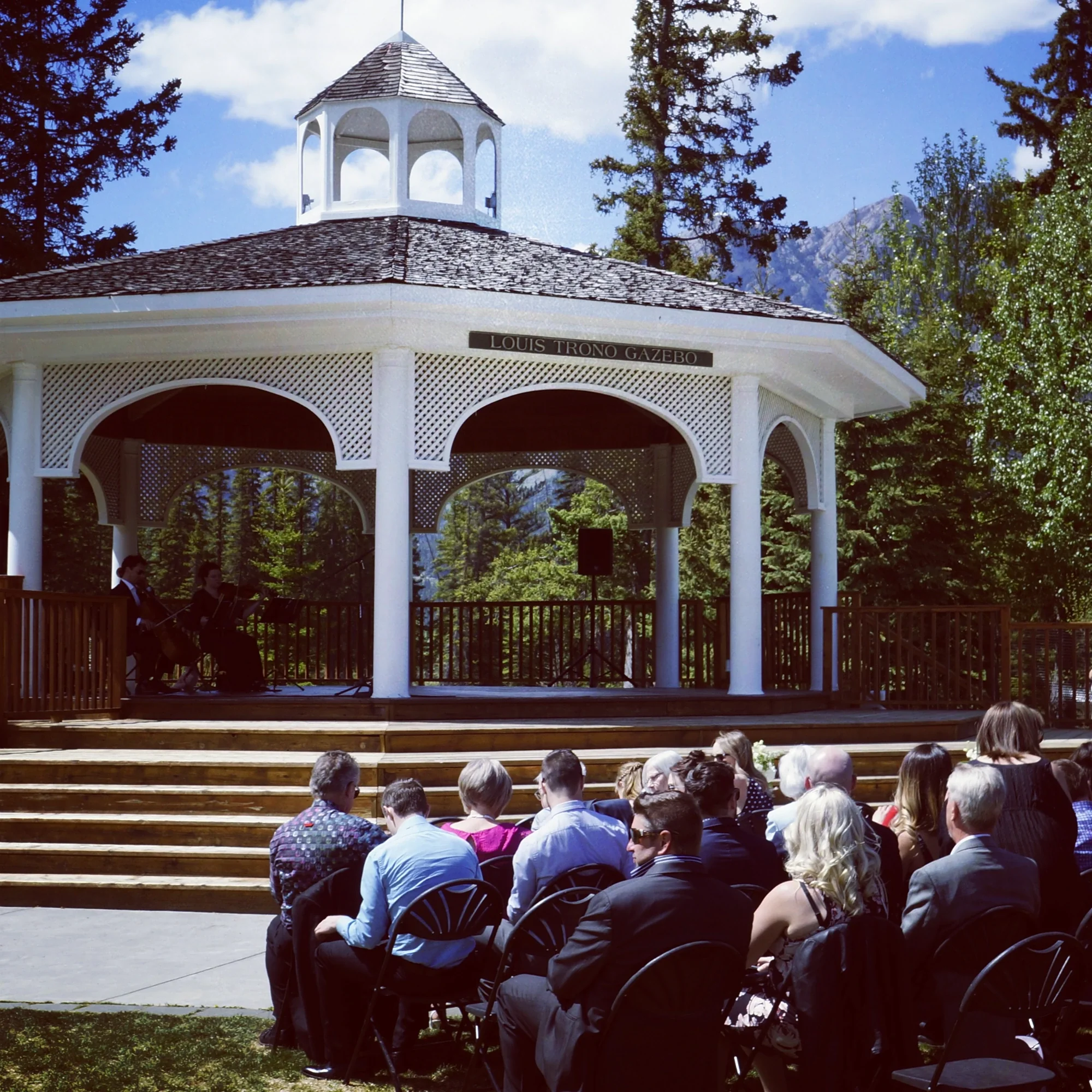 Outdoor wedding ceremony DJ services at Louis Trono Gazebo, Canmore Alberta